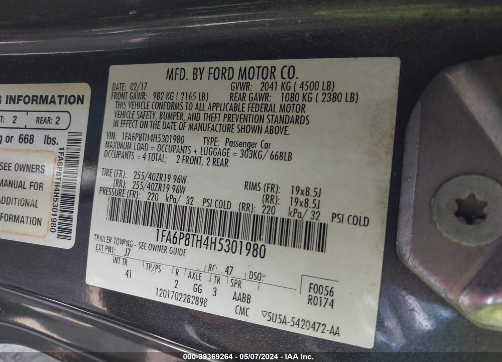 2017 FORD MUSTANG ECOBOOST VIN: 1FA6P8TH4H5301980