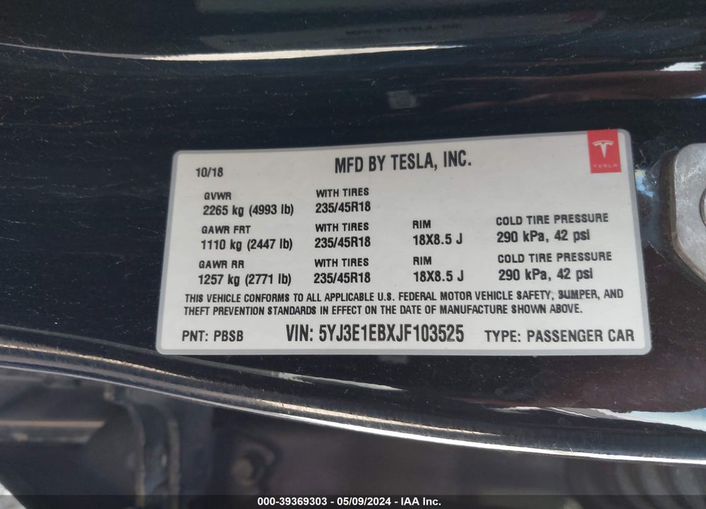 2018 TESLA MODEL 3 LONG RANGE/PERFORMANCE VIN: 5YJ3E1EBXJF103525