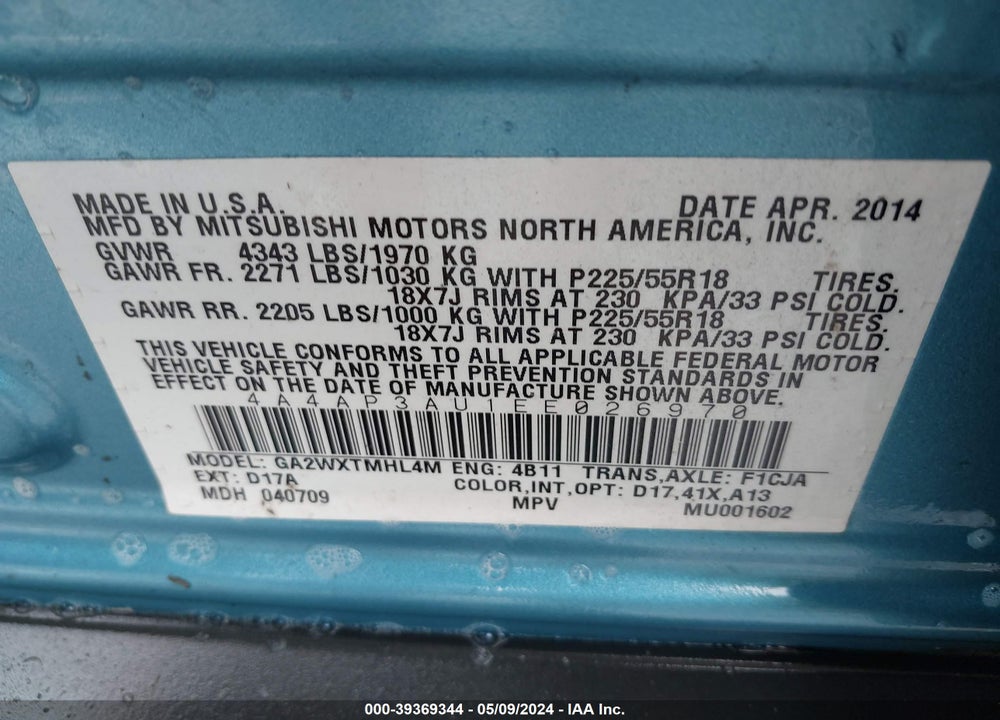 2014 MITSUBISHI OUTLANDER SPORT ES VIN: 4A4AP3AU1EE026970