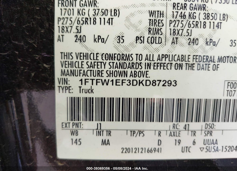 2013 FORD F-150 XLT VIN: 1FTFW1EF3DKD87293