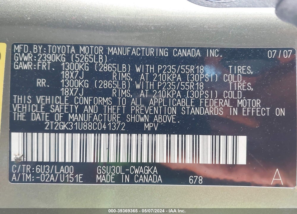 2008 LEXUS RX 350 VIN: 2T2GK31U88C041372