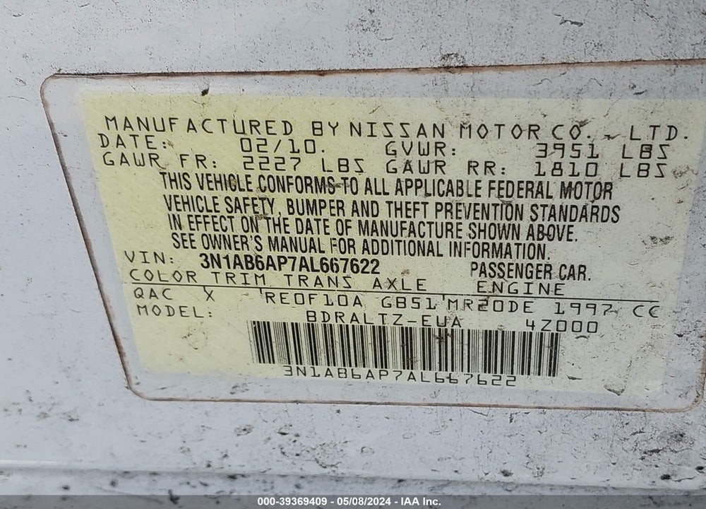 2010 NISSAN SENTRA 2.0SR VIN: 3N1AB6AP7AL667622