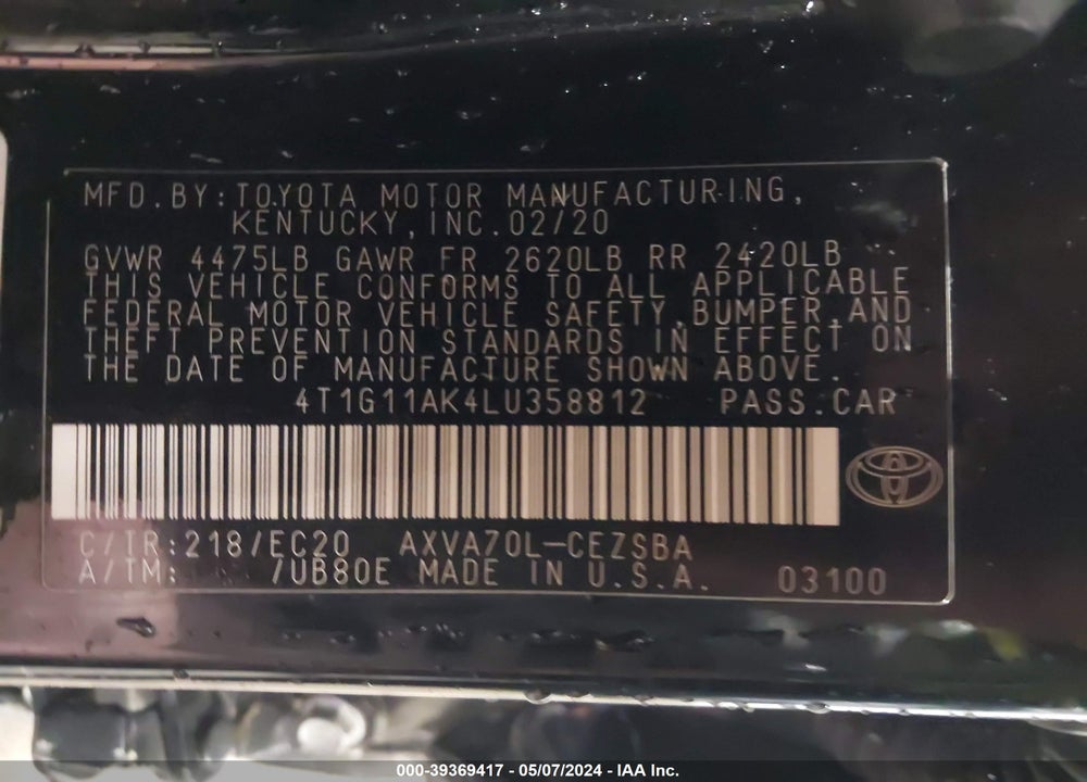 2020 TOYOTA CAMRY SE NIGHTSHADE EDITION VIN: 4T1G11AK4LU358812