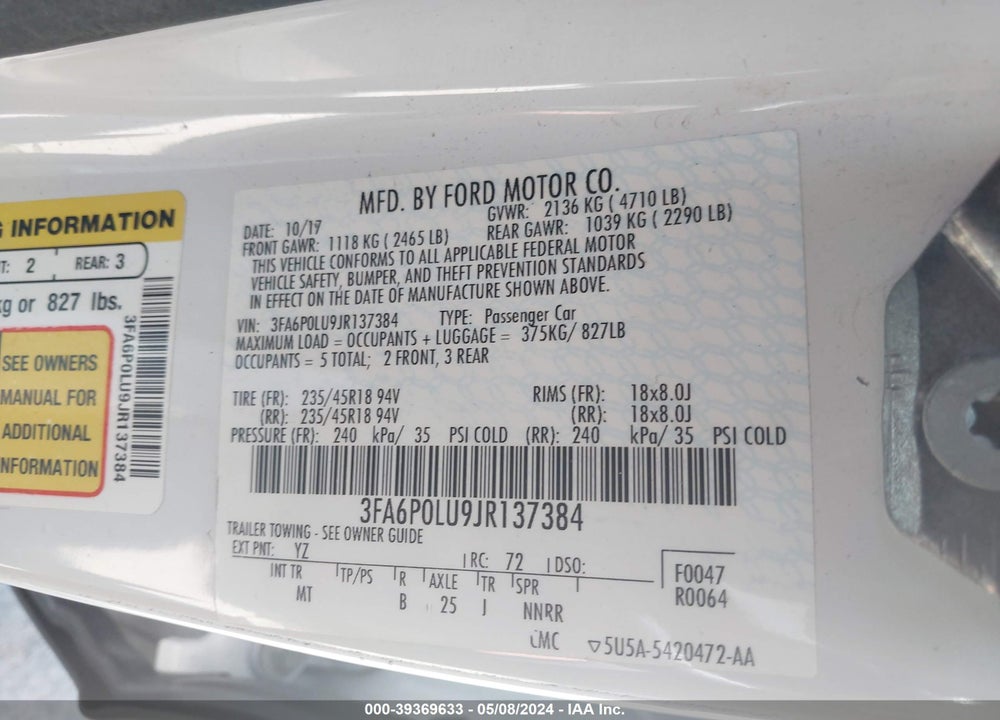 2018 FORD FUSION HYBRID SE VIN: 3FA6P0LU9JR137384