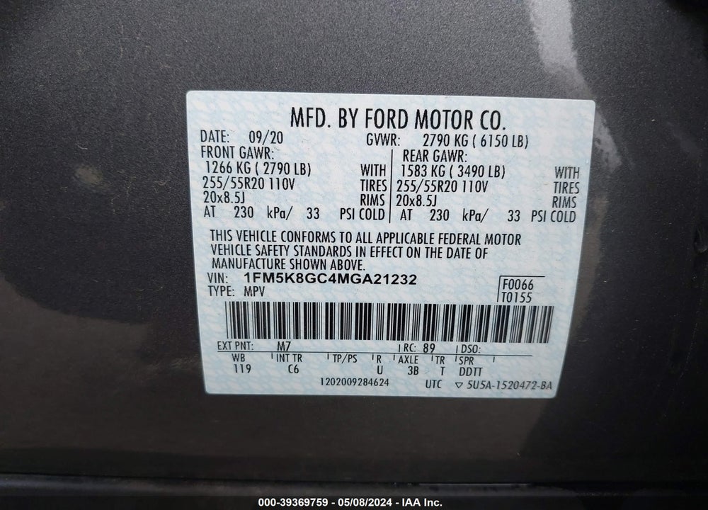 2021 FORD EXPLORER ST VIN: 1FM5K8GC4MGA21232