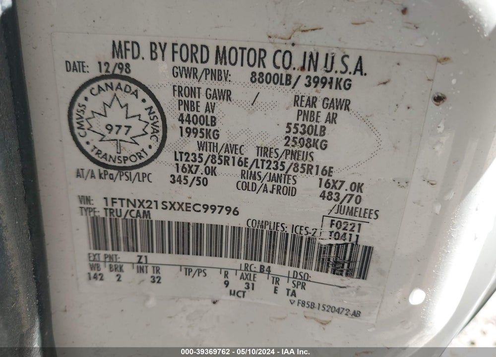 1999 FORD F-250 LARIAT/XL/XLT VIN: 1FTNX21SXXEC99796