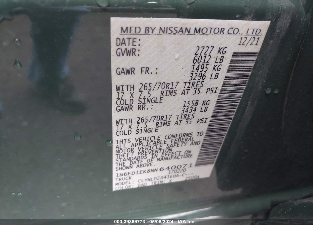 2022 NISSAN FRONTIER PRO-4X 4X4 VIN: 1N6ED1EK8NN640071