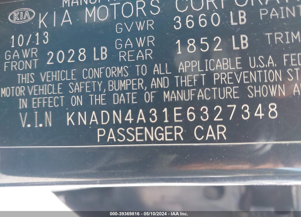 2014 KIA RIO EX VIN: KNADN4A31E6327348