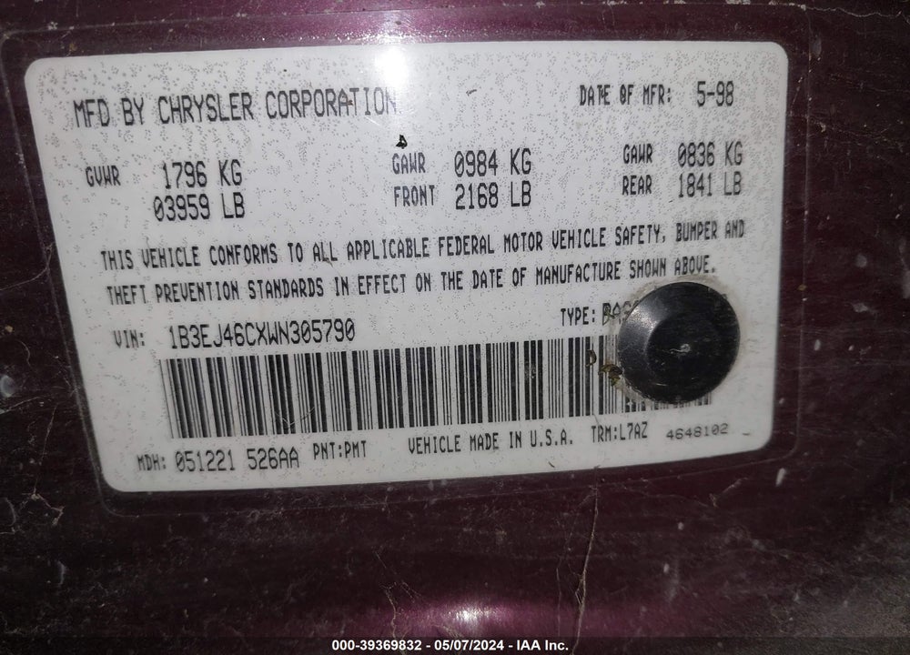 1998 DODGE STRATUS VIN: 1B3EJ46CXWN305790