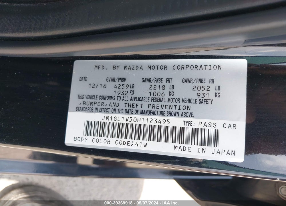 2017 MAZDA 6 TOURING VIN: JM1GL1V50H1123495