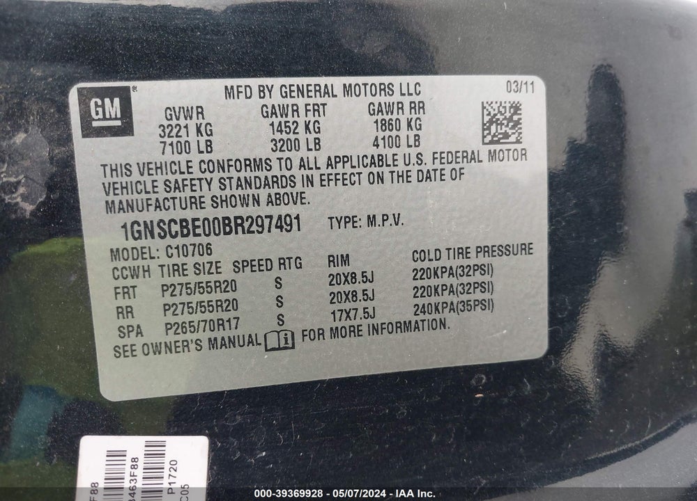 2011 CHEVROLET TAHOE LT VIN: 1GNSCBE00BR297491