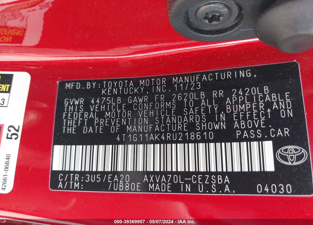 2024 TOYOTA CAMRY SE VIN: 4T1G11AK4RU218610
