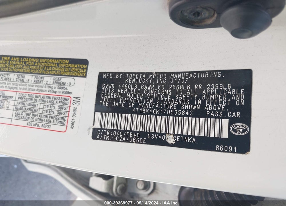 2007 TOYOTA CAMRY VIN: 4T1BK46K17U535842