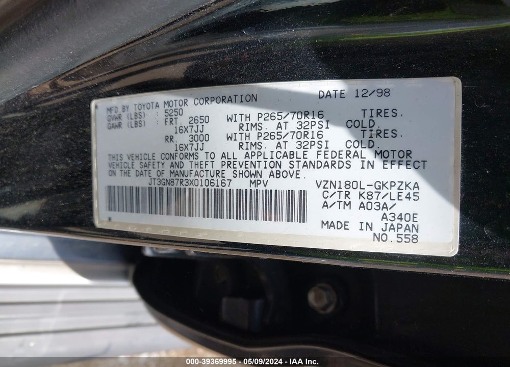 1999 TOYOTA 4RUNNER LIMITED V6 VIN: JT3GN87R3X0106167