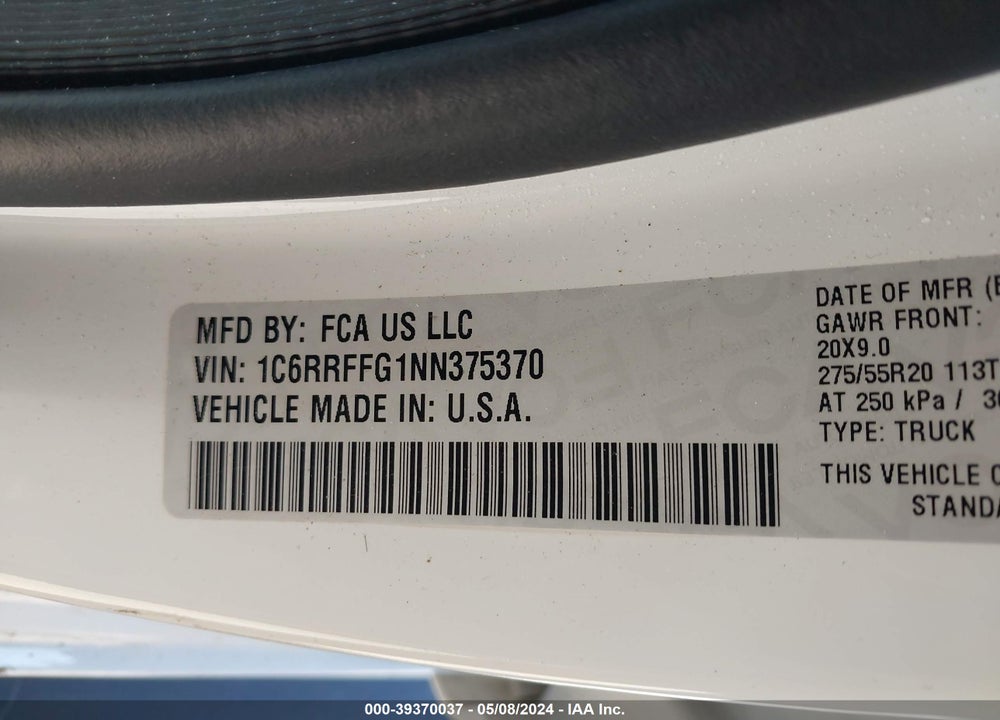 2022 RAM 1500 BIG HORN 4X4 5'7 BOX VIN: 1C6RRFFG1NN375370