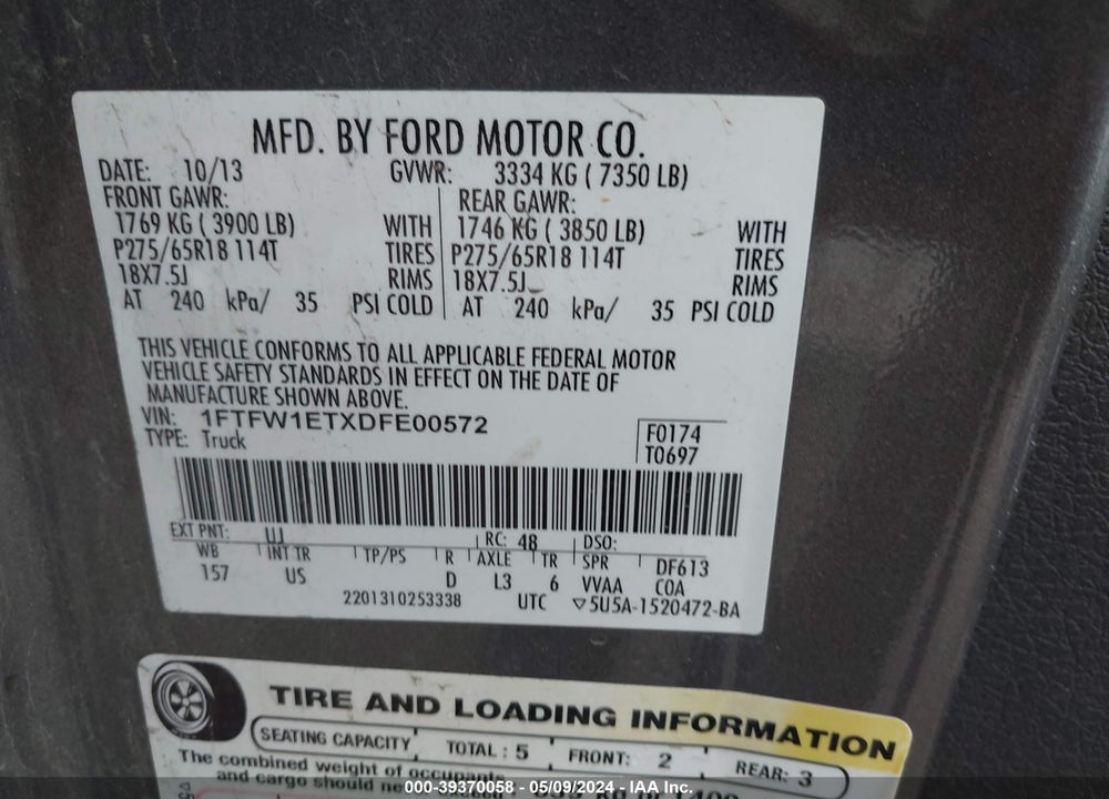 2013 FORD F-150 XLT VIN: 1FTFW1ETXDFE00572