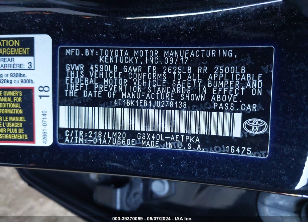 2018 TOYOTA AVALON LIMITED VIN: 4T1BK1EB1JU278138