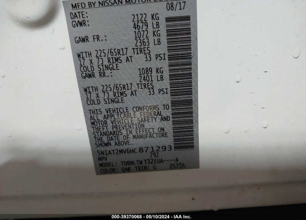 2017 NISSAN ROGUE SV VIN: 5N1AT2MV6HC871293