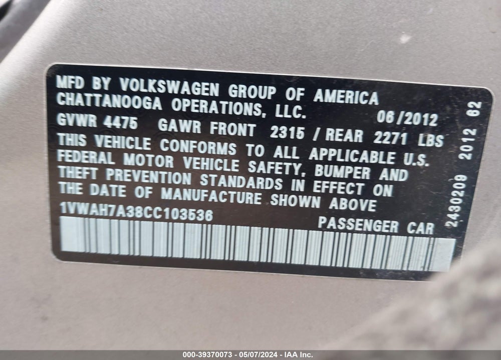 2012 VOLKSWAGEN PASSAT VIN: 1VWAH7A38CC103536