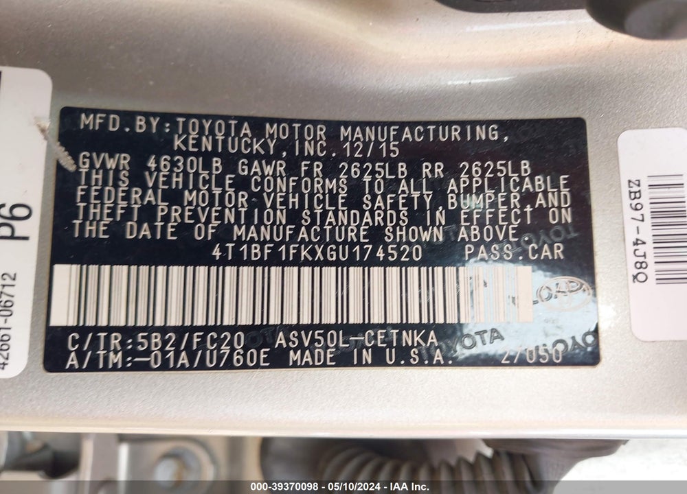 2016 TOYOTA CAMRY LE VIN: 4T1BF1FKXGU174520
