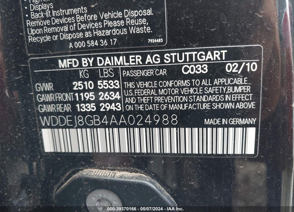 2010 MERCEDES-BENZ CL 550 4MATIC VIN: WDDEJ8GB4AA024988