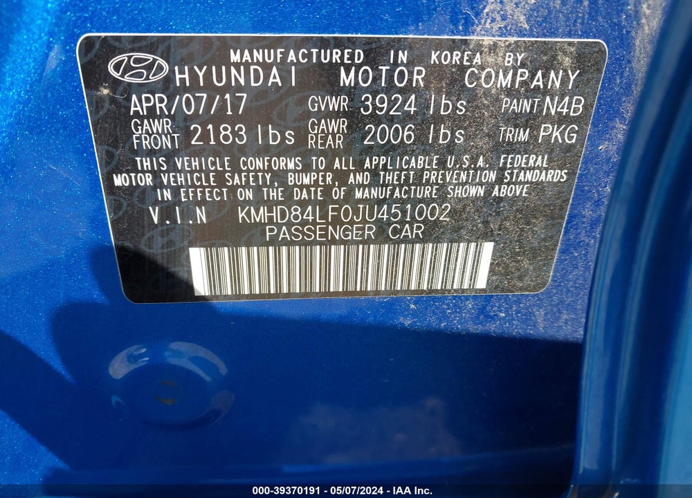 2018 HYUNDAI ELANTRA SEL VIN: KMHD84LF0JU451002