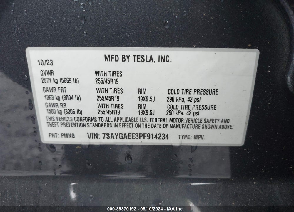 2023 TESLA MODEL Y AWD/LONG RANGE DUAL MOTOR ALL-WHEEL DRIVE VIN: 7SAYGAEE3PF914234
