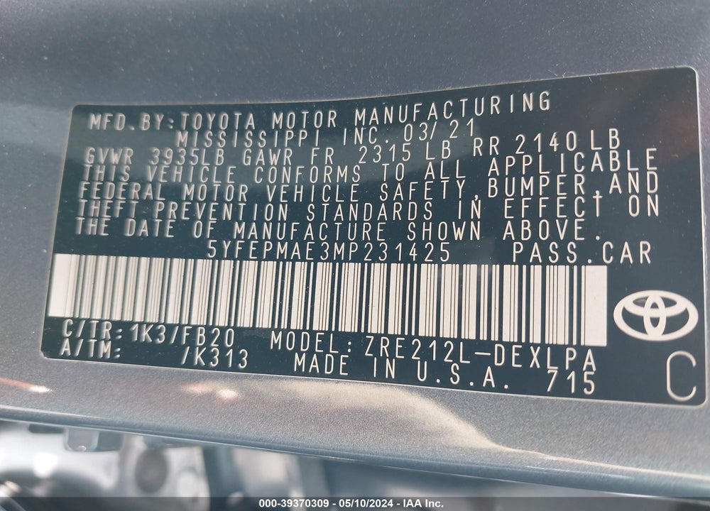 2021 TOYOTA COROLLA LE VIN: 5YFEPMAE3MP231425