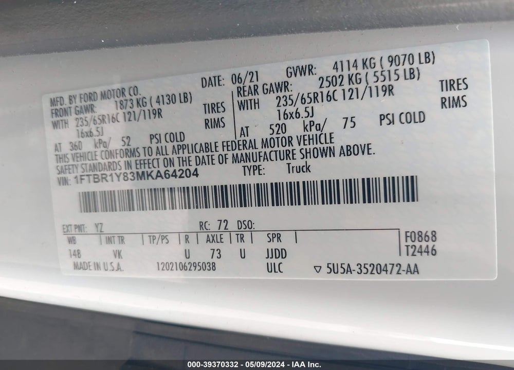 2021 FORD TRANSIT-250 VIN: 1FTBR1Y83MKA64204