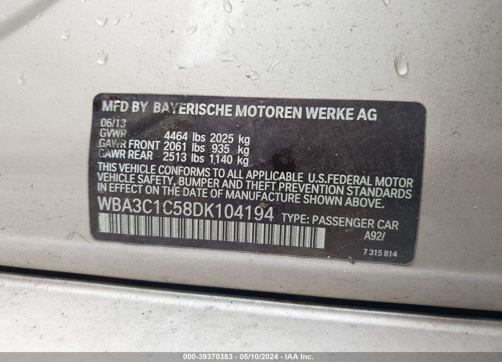 2013 BMW 328I VIN: WBA3C1C58DK104194