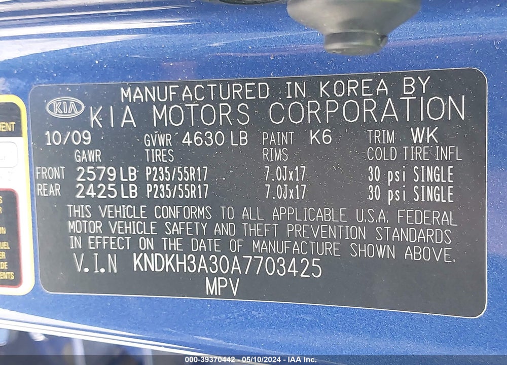 2010 KIA SPORTAGE EX V6 VIN: KNDKH3A30A7703425