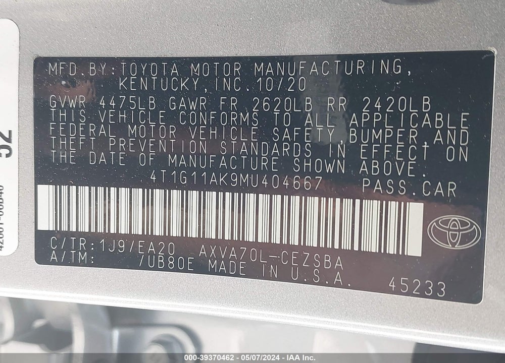 2021 TOYOTA CAMRY SE VIN: 4T1G11AK9MU404667