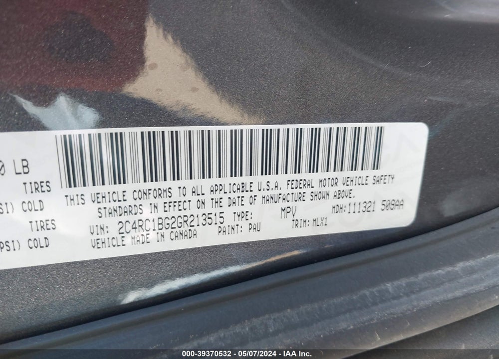2016 CHRYSLER TOWN & COUNTRY TOURING VIN: 2C4RC1BG2GR213515