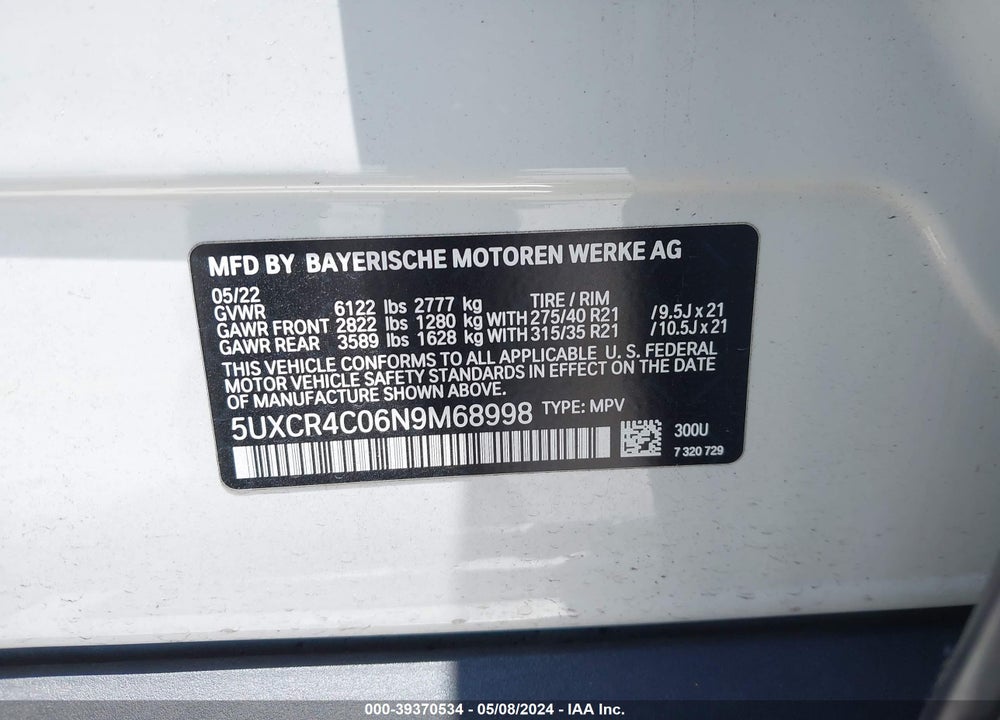 2022 BMW X5 SDRIVE40I VIN: 5UXCR4C06N9M68998