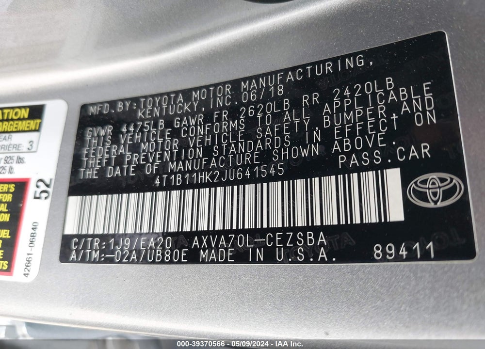 2018 TOYOTA CAMRY SE VIN: 4T1B11HK2JU641545