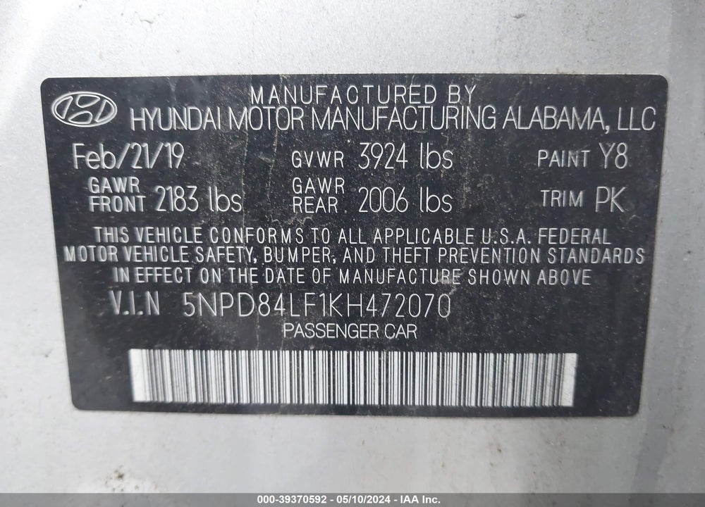 2019 HYUNDAI ELANTRA SEL VIN: 5NPD84LF1KH472070