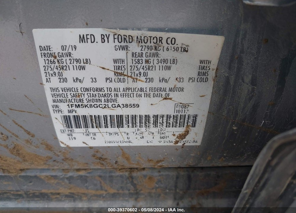2020 FORD EXPLORER ST VIN: 1FM5K8GC2LGA38559