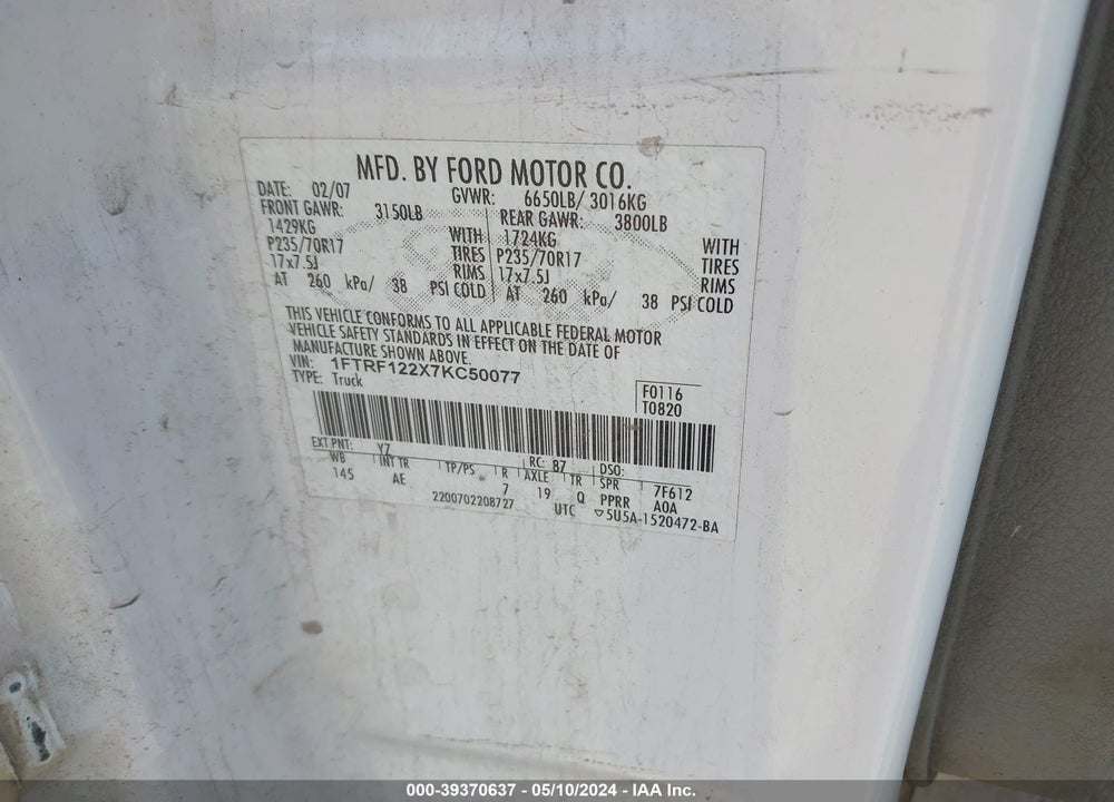 2007 FORD F-150 STX/XL/XLT VIN: 1FTRF122X7KC50077