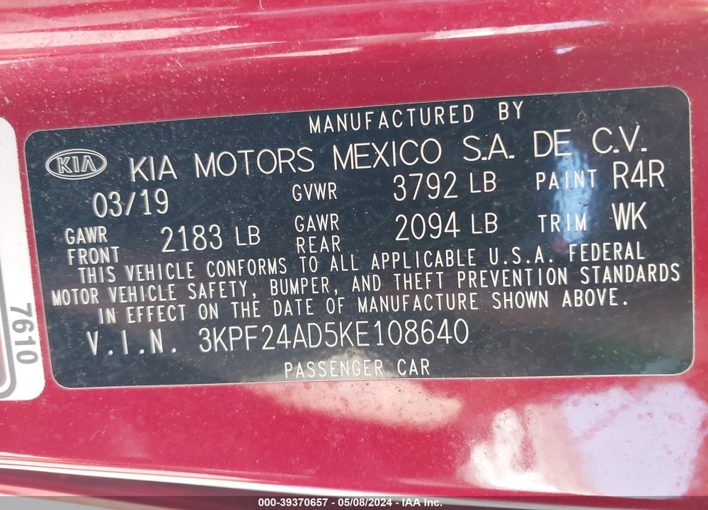 2019 KIA FORTE LXS VIN: 3KPF24AD5KE108640