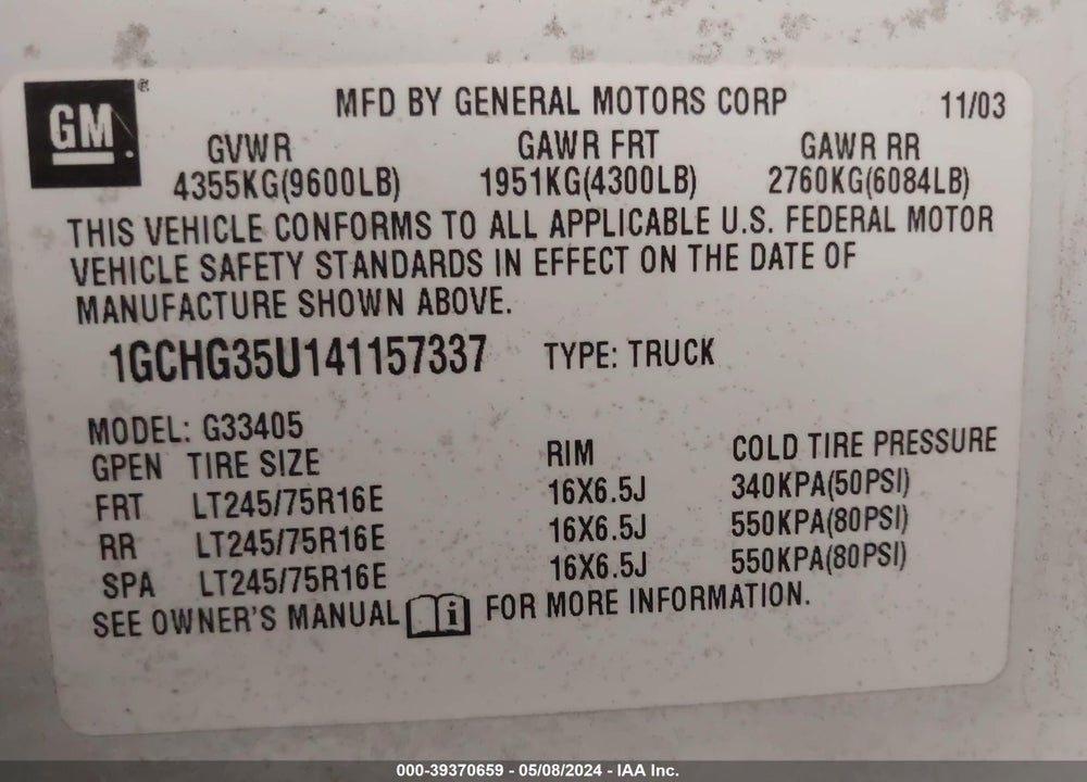 2004 CHEVROLET EXPRESS VIN: 1GCHG35U141157337
