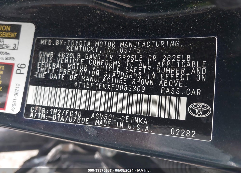 2015 TOYOTA CAMRY LE VIN: 4T1BF1FKXFU083309