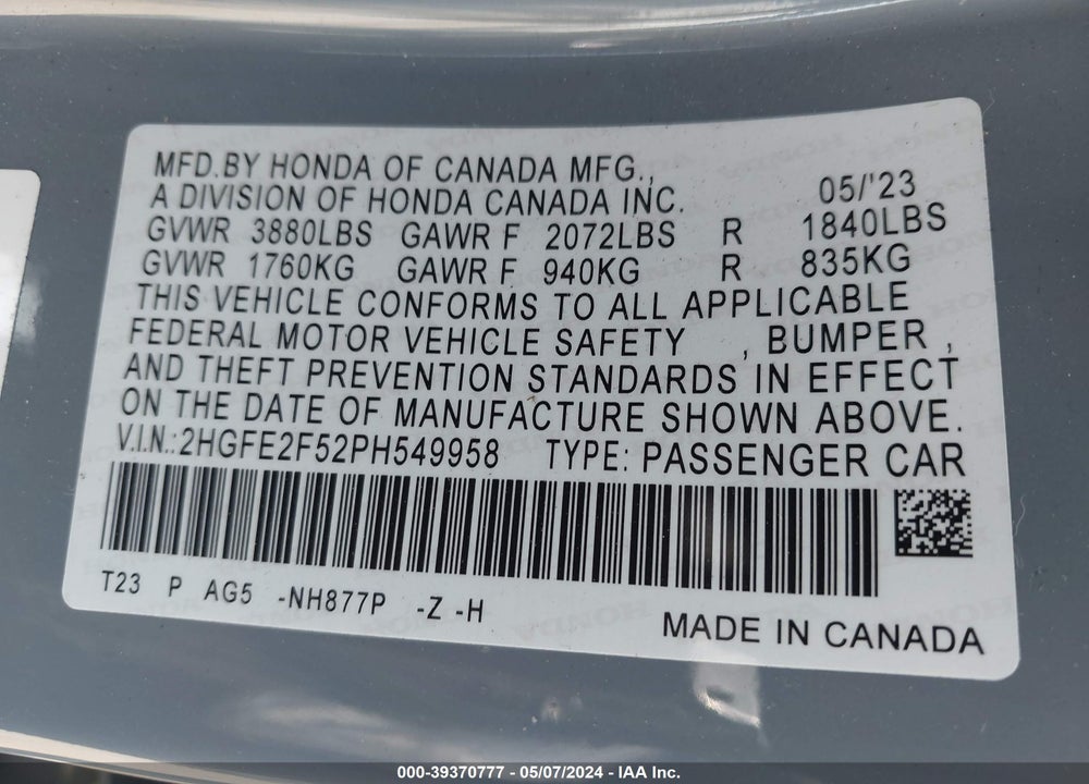 2023 HONDA CIVIC SPORT VIN: 2HGFE2F52PH549958