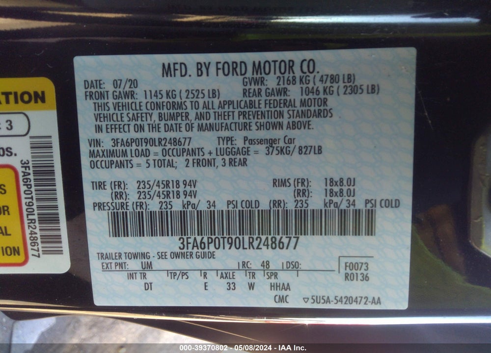 2020 FORD FUSION SE VIN: 3FA6P0T90LR248677