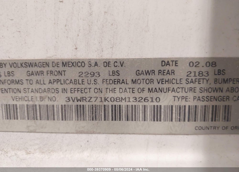 2008 VOLKSWAGEN JETTA VIN: 3VWRZ71K08M132610
