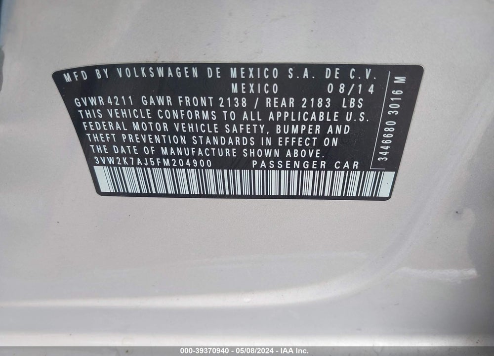 2015 VOLKSWAGEN JETTA 2.0L S VIN: 3VW2K7AJ5FM204900