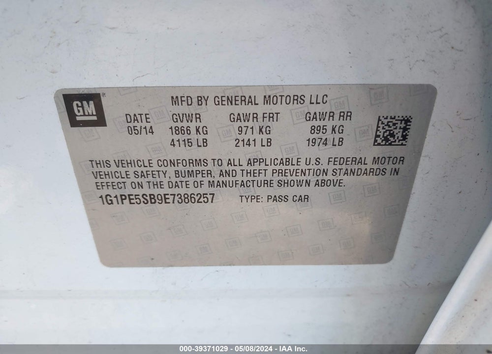 2014 CHEVROLET CRUZE 2LT AUTO VIN: 1G1PE5SB9E7386257