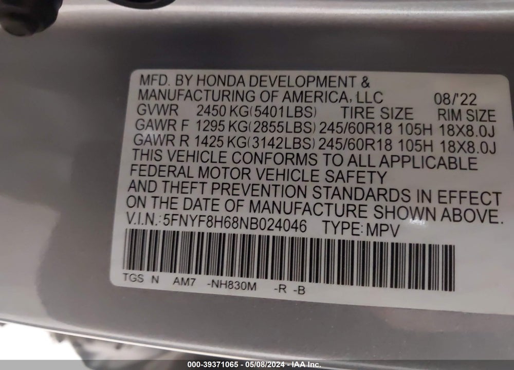 2022 HONDA PASSPORT AWD TRAILSPORT VIN: 5FNYF8H68NB024046