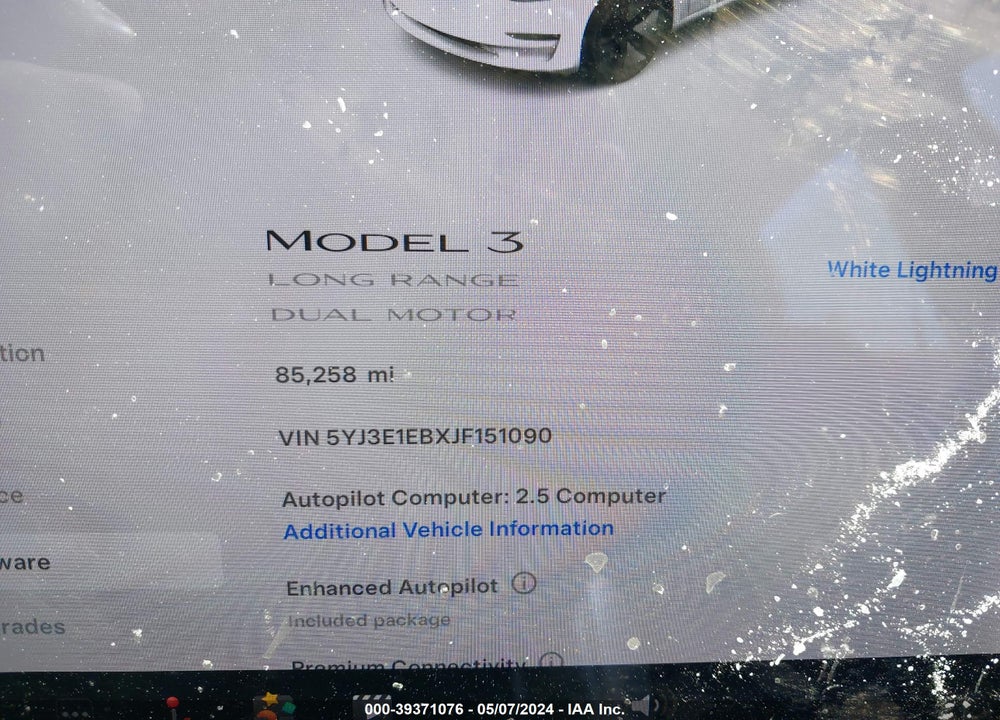 2018 TESLA MODEL 3 LONG RANGE/PERFORMANCE VIN: 5YJ3E1EBXJF151090