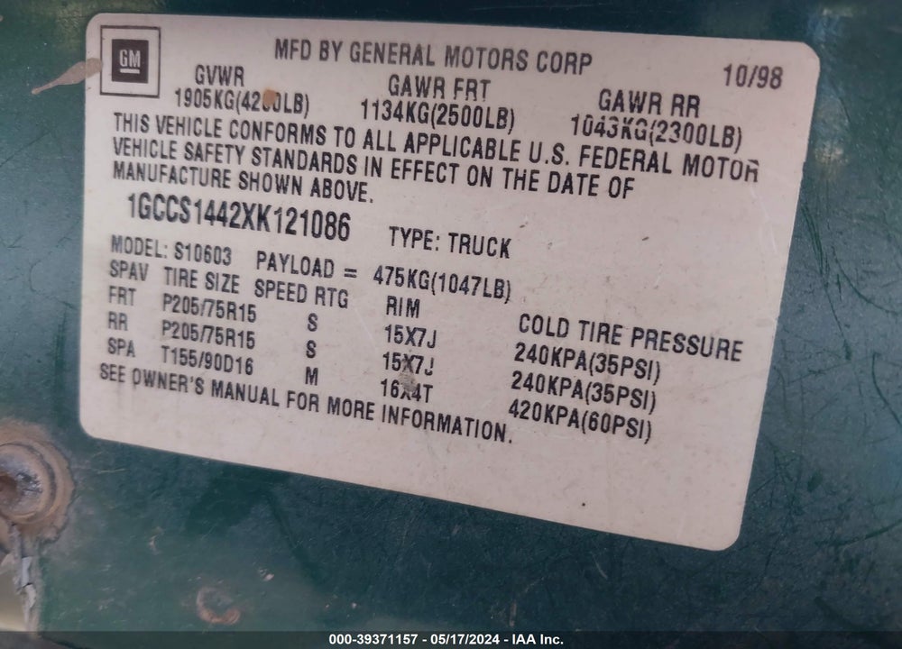 1999 CHEVROLET S-10 VIN: 1GCCS1442XK121086