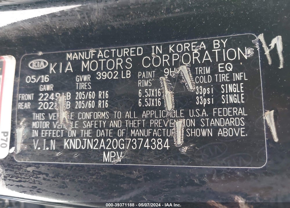 2016 KIA SOUL VIN: KNDJN2A20G7374384